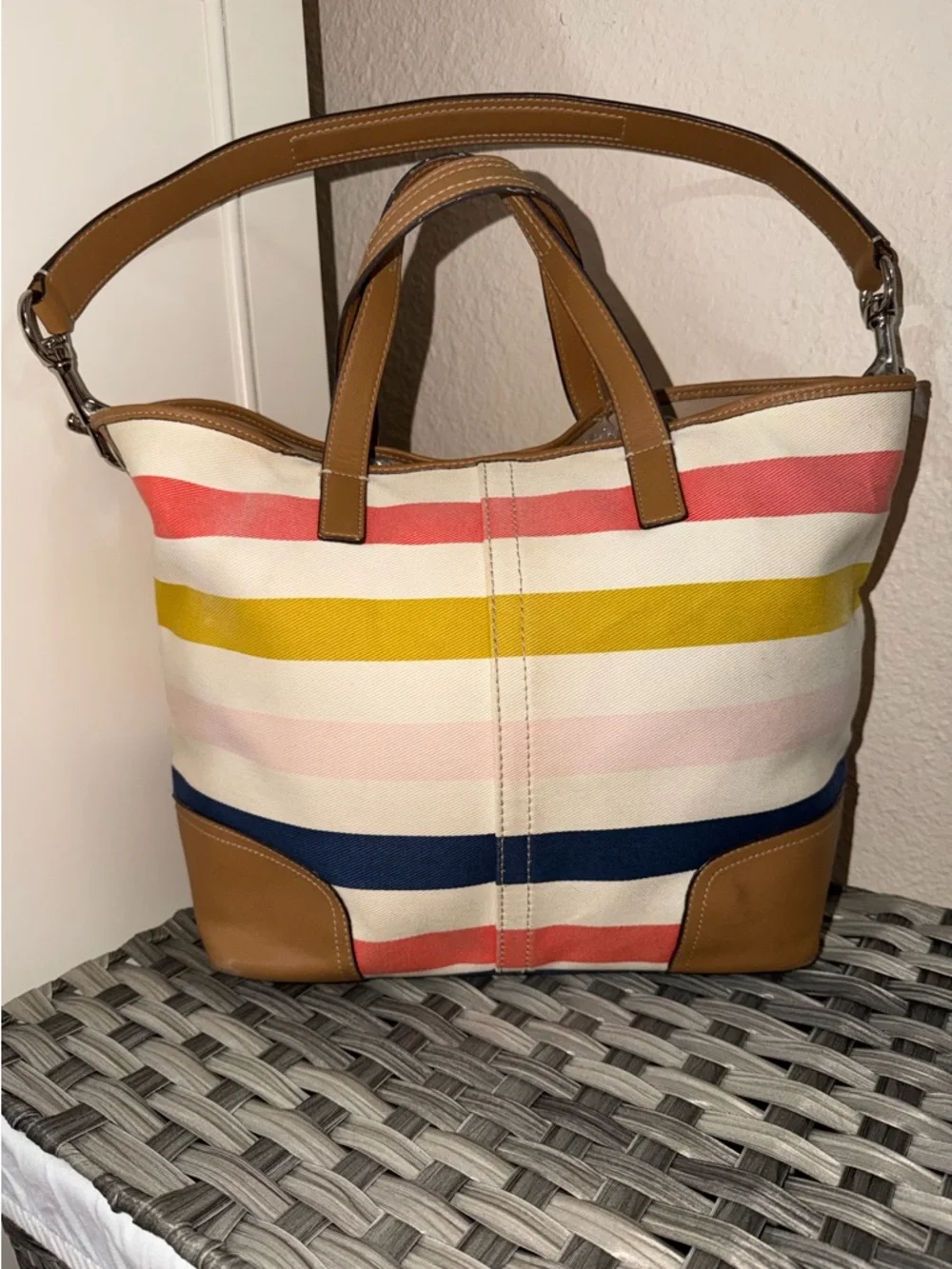 Coach Striped Canvas Tote in Coral, Mustard, Navy & Pink with Tan Leather F30041 - Picture 4 of 16